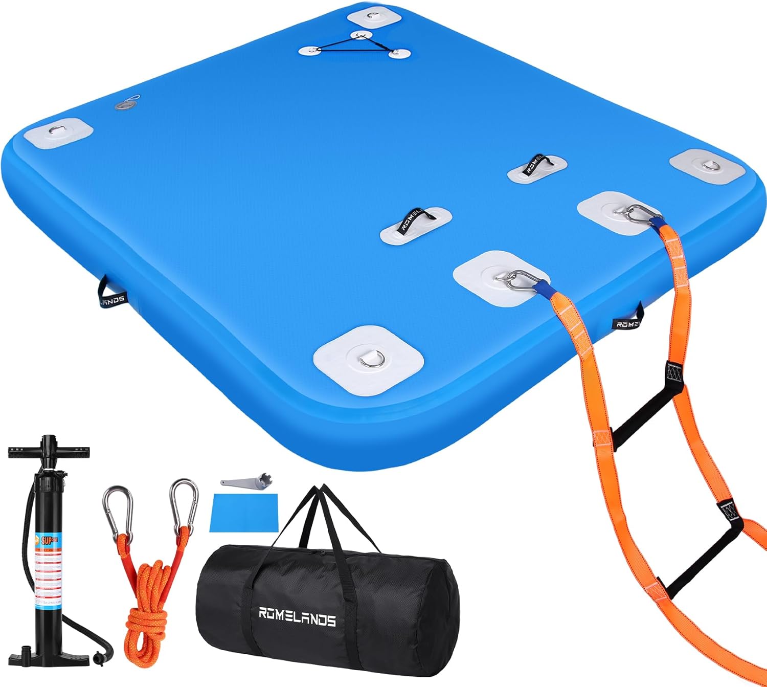 inflatable floating dock, swim platform floating island raft, large air mat inflatable water pad with none-slip surface for lake pool beach ocean blue