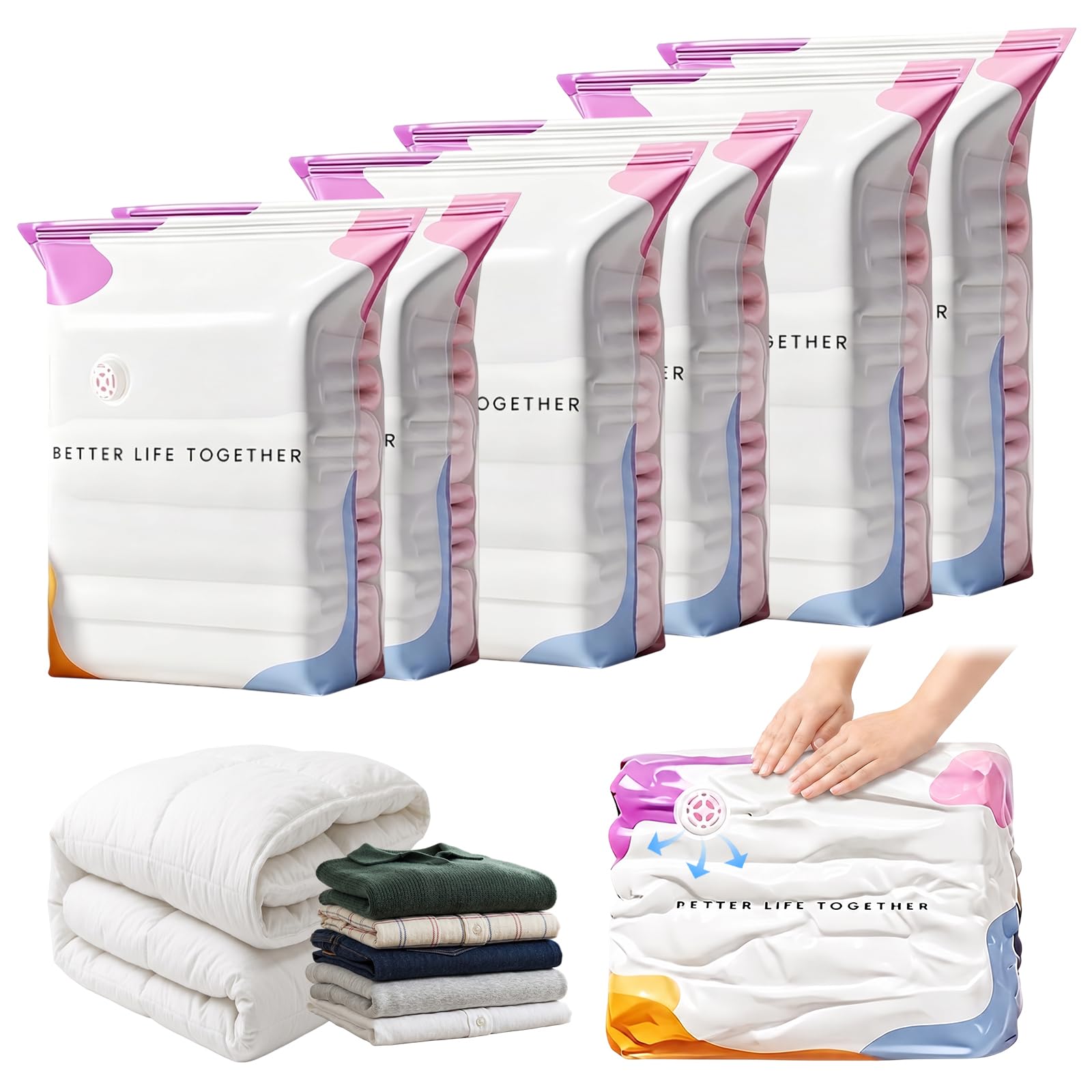 Vacuum Storage Bags | Large Clothes Storage Bags | Vacuum Pack Bag for Clothes | No Pump 3D Vacuums Storages Bag Comforters Blankets Bedding Compression for Space Saver(2S+2M+2L)