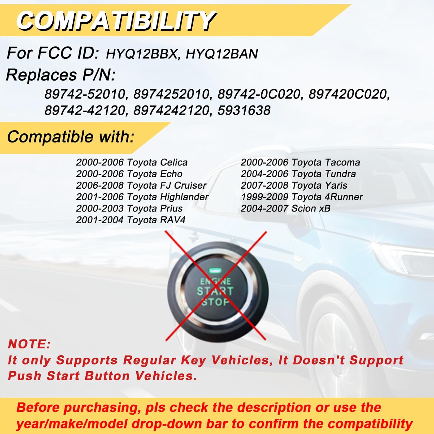 Vurkcy Key Fob Replacement for 2001-2006 Toyota Highlander/ 00-06 Celica Echo/ 00-03 Prius/ 01-04 RAV4/ 04-06 Tundra/ 99-09 4Runner/ 2004-2007 xB Remote Control,HYQ12BBX HYQ12BAN