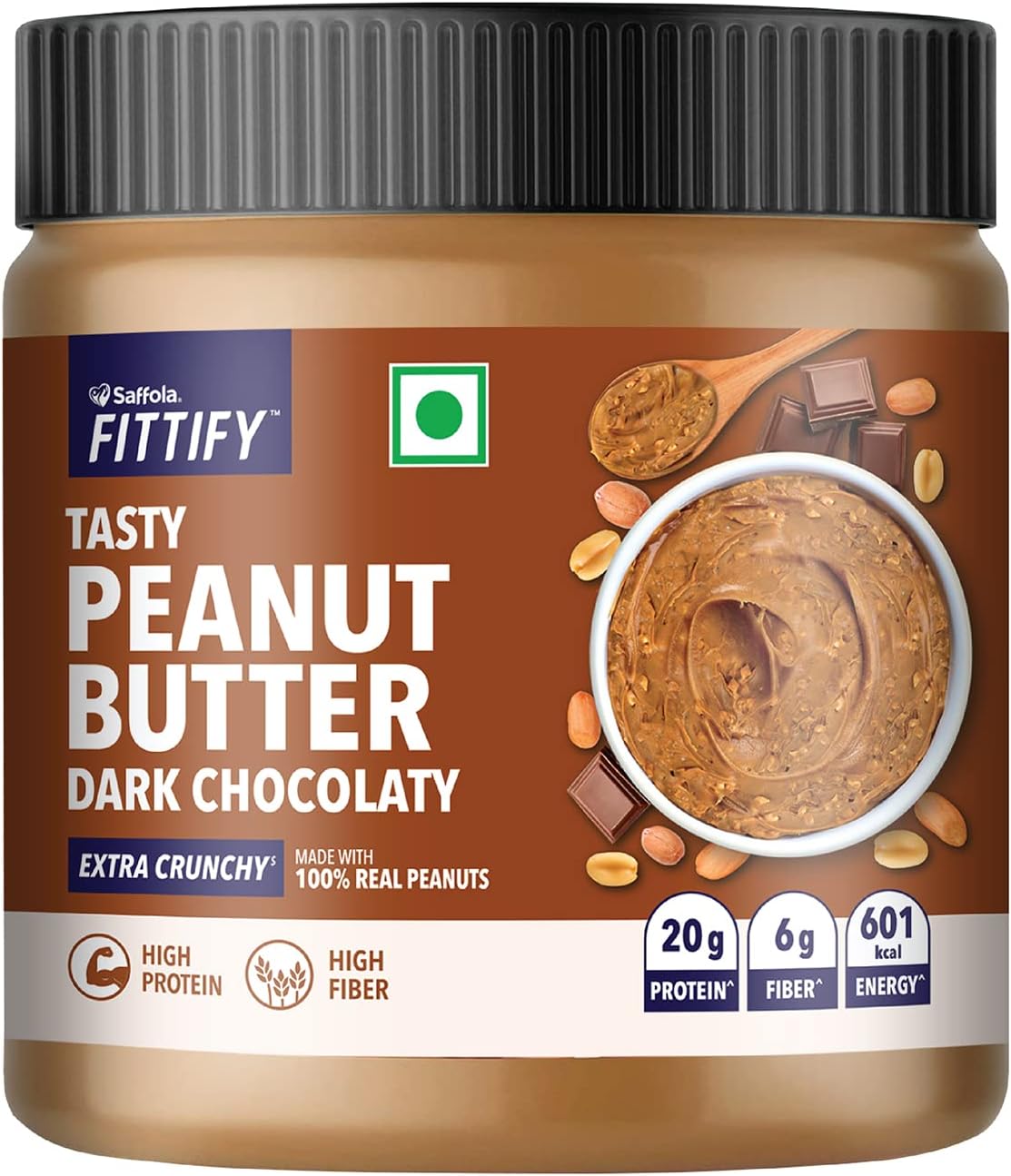 Saffola FITTIFY Tasty Peanut Butter | Dark Chocolaty | Extra Crunchy | High Protein | High Fiber | Vegan| No Trans Fat | 340g