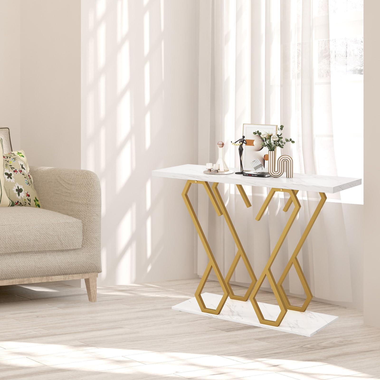 Meuble Entrée Effet Marbre LIFEZEAL Table 120cm - Effet Marbre Et Métal Doré - 2 Niveaux Rangement - Moderne Console Entrée