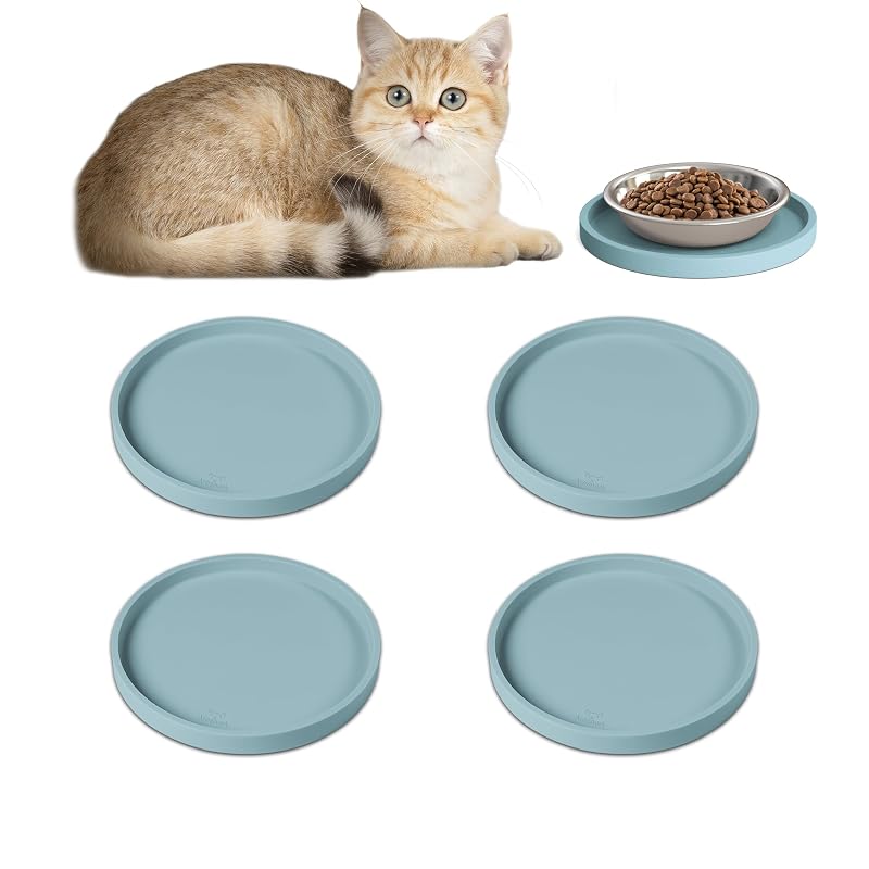 Tapete de silicone para comedouro de gatos e cães com bordas elevadas Arespark Light Blue, Pacote com 4