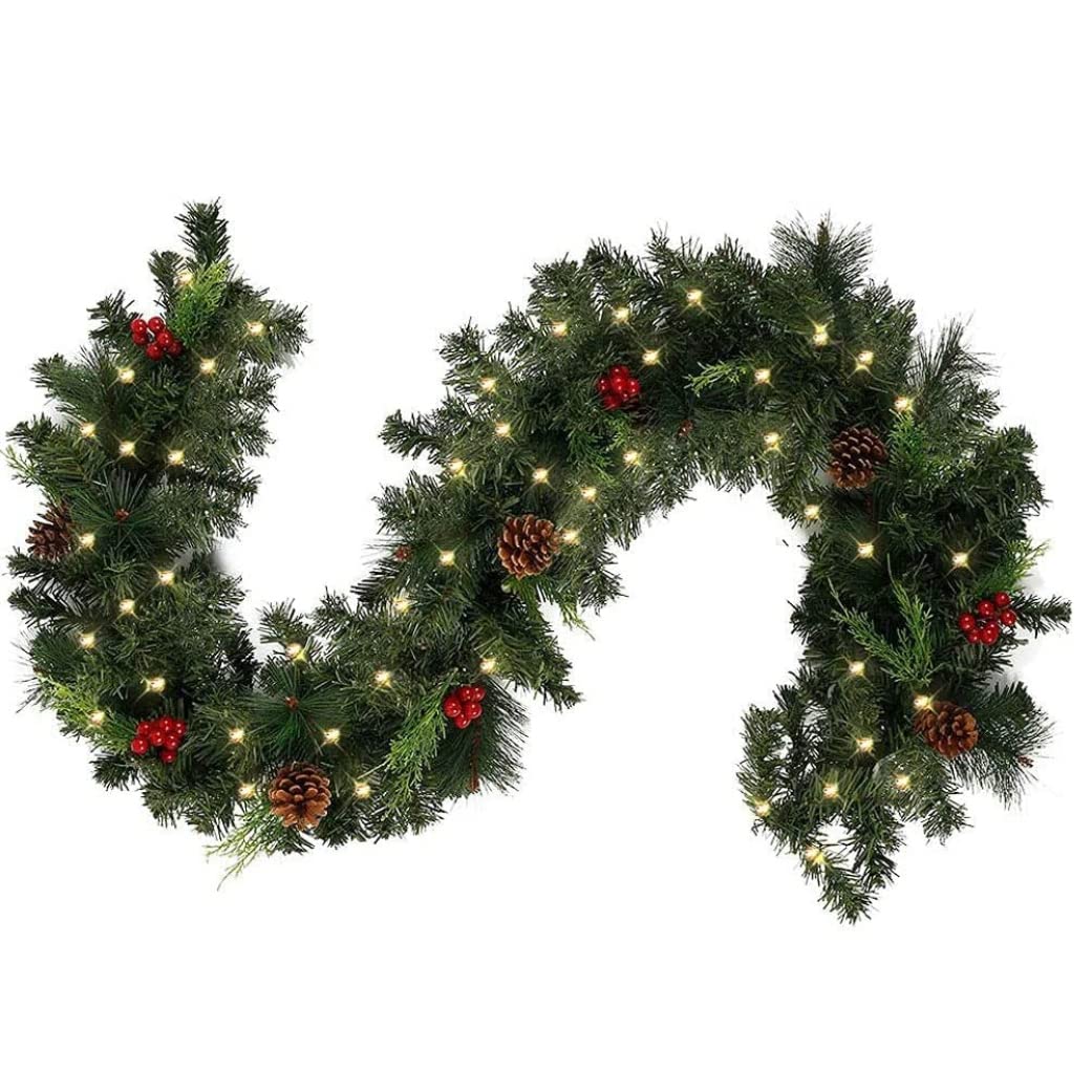 Illuminated Christmas Garland, with Fairy Lights and Pine Berries, fir Garland with Lighting, Christmas Decoration Garland, for Doors, fireplaces, Stairs, Wall Door Fireplace/Battery Operated (LED, 1