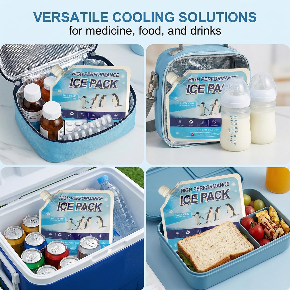 Ghiaccio Gel Riutilizzabile (4 Pezzi) | Ghiaccioli Sottili Lunga Durata per Borsa Frigo, Termica | Impacchi Freddi ad Alte Prestazioni per Alimenti, Medicinali, Biberon