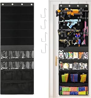Over Door Toy Blaster Organizer for Nerf Guns, Rival, Elite & Mega - Hanging Wall Large Capacity Mesh Holder for Darts, Bullets, Goggles & Tactical Gear Bedroo, Game Room Battle Station Accessory