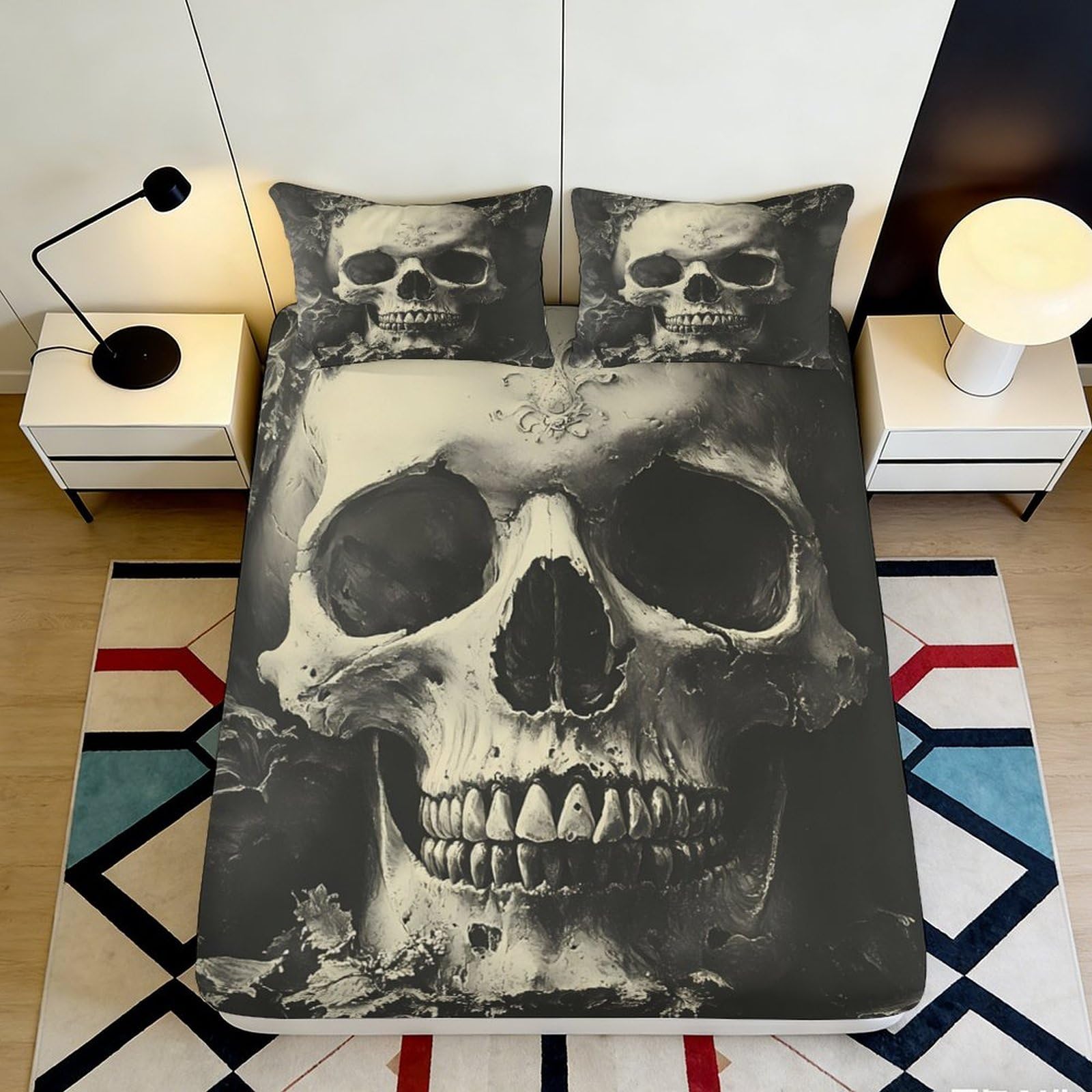 Kzqnxhjprl Style-4 3D Printed Skull Art Fitted Sheet Microfiber Black Gothic Skeleton Bed Cover For Bedroom Dorm Room Mattress Protection Décor 90X200x25cm
