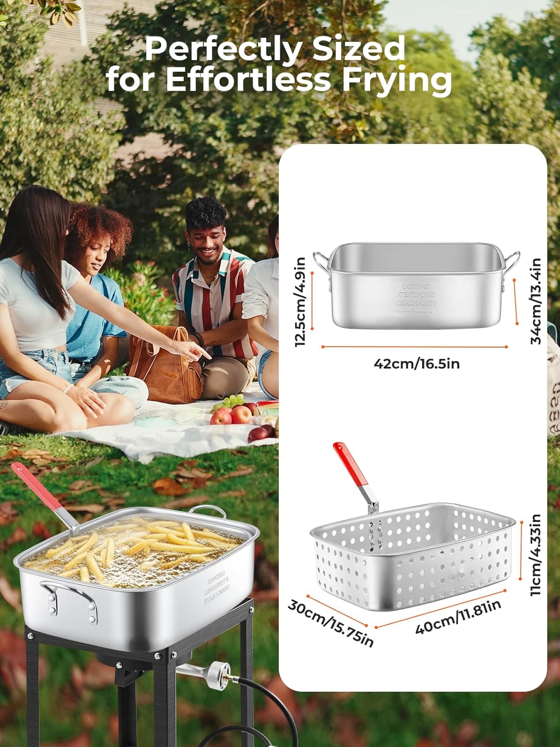 FOHERE 18QT Aluminum Deep Fryer Pot with Basket, Outdoor Fish Fryer Pot with Easy Grip Handle - Lightweight & Durable Rectangular Outdoor Fryer for Frying Fish, French Fries, Chicken Wing