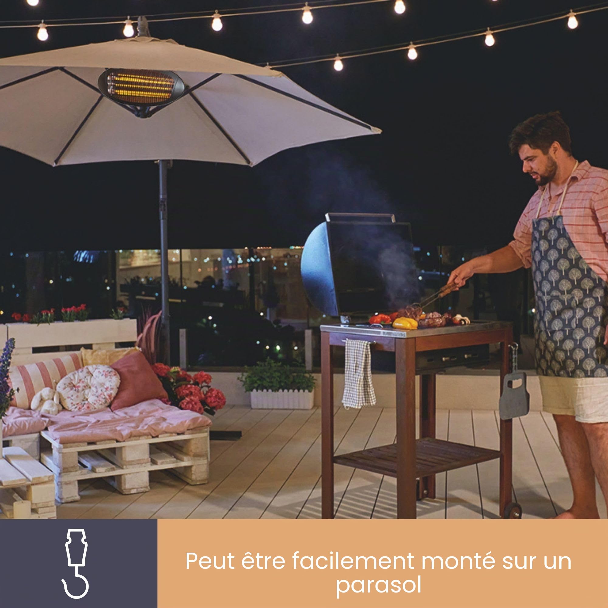 Perel Chauffage de terrasse 2000 W quartz montage mural résistant aux projections d'eau 3 niveaux de chauffe noir