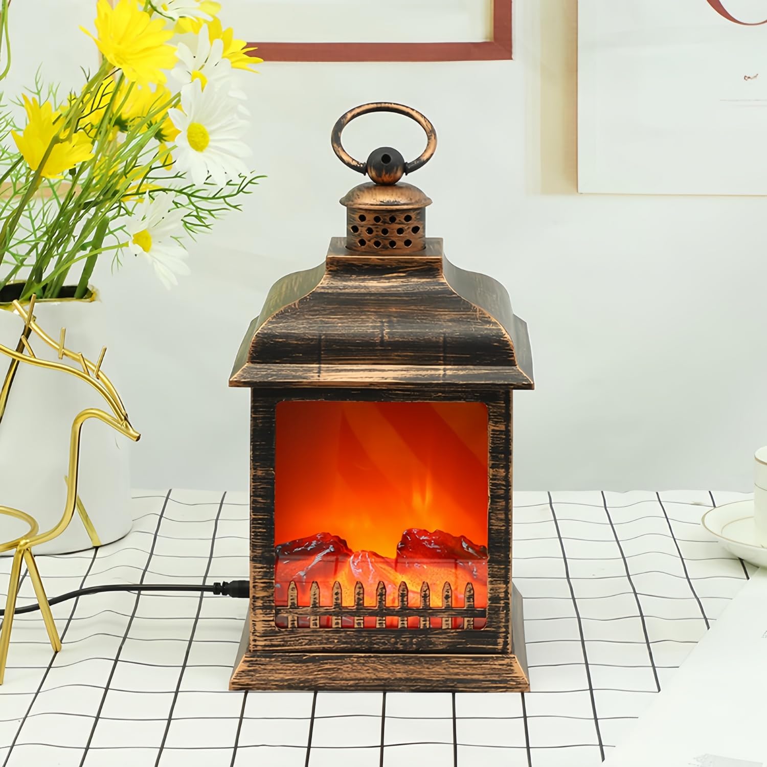 Simulated LED Fireplace Lantern USB & Battery Powered Flameless Light With Emulation Flame Table Decorative Lamp Copper Fireplace Ornament for Cozy Home Decor Free Standing Electric Log Burner