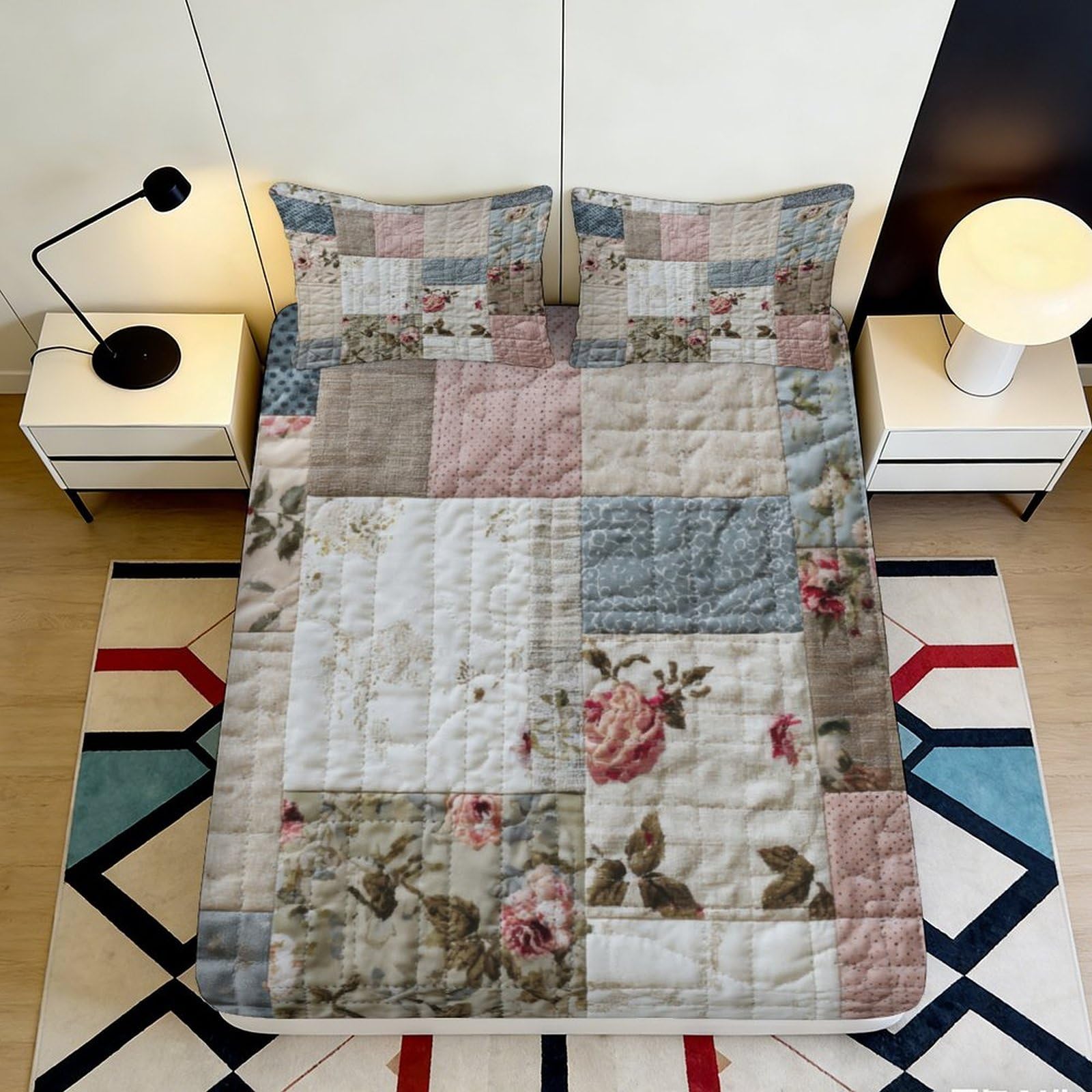 3D Printed Vintage Floral Fitted Sheet Microfiber Soft Durable Patchwork Bed Cover for Bedroom Dormitory Guest Room Mattress Protection 180x200x25cm