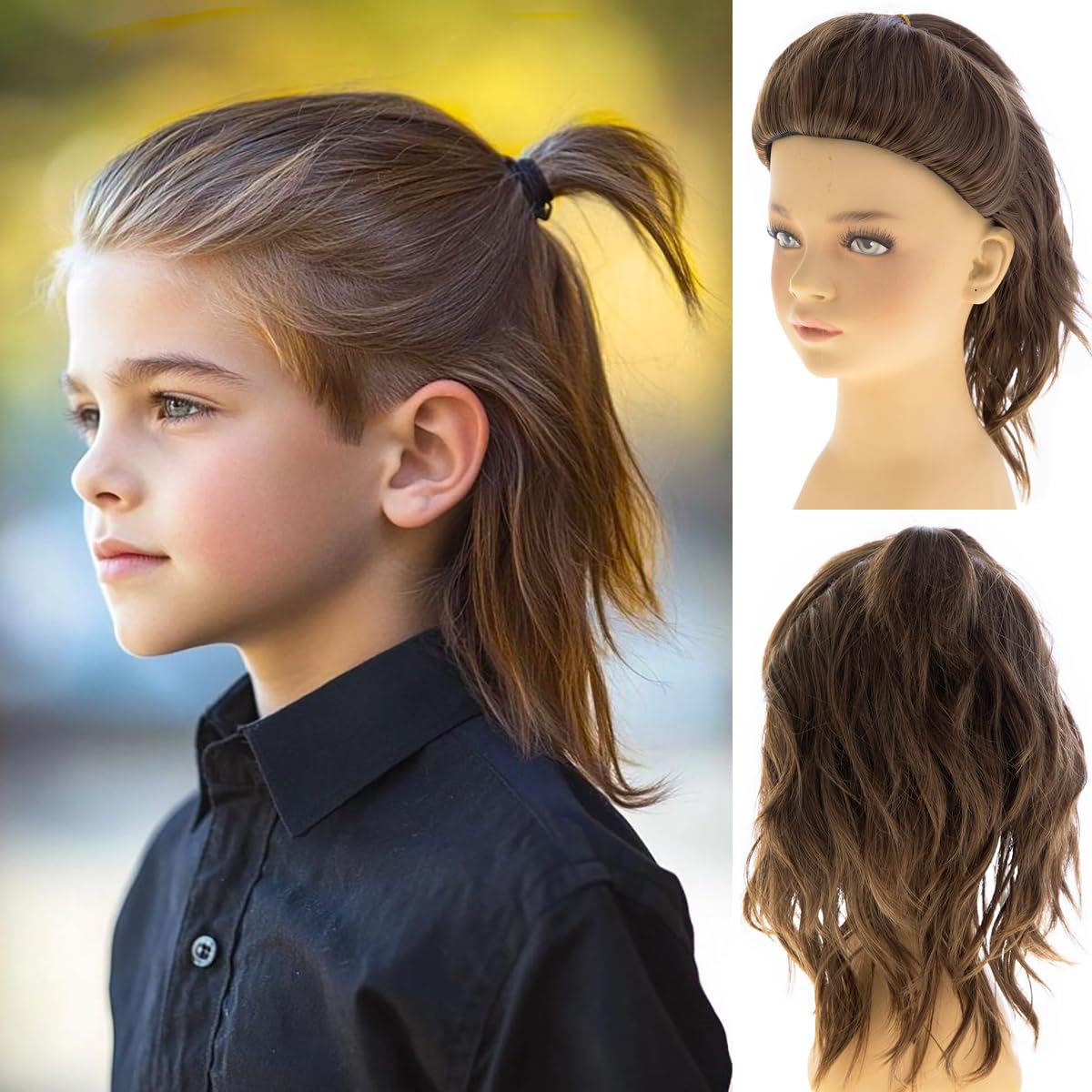 Short Brown Kid Wig with Ponytail Child Synthetic Boys Cosplay Halloween Costume Party Hair Wig