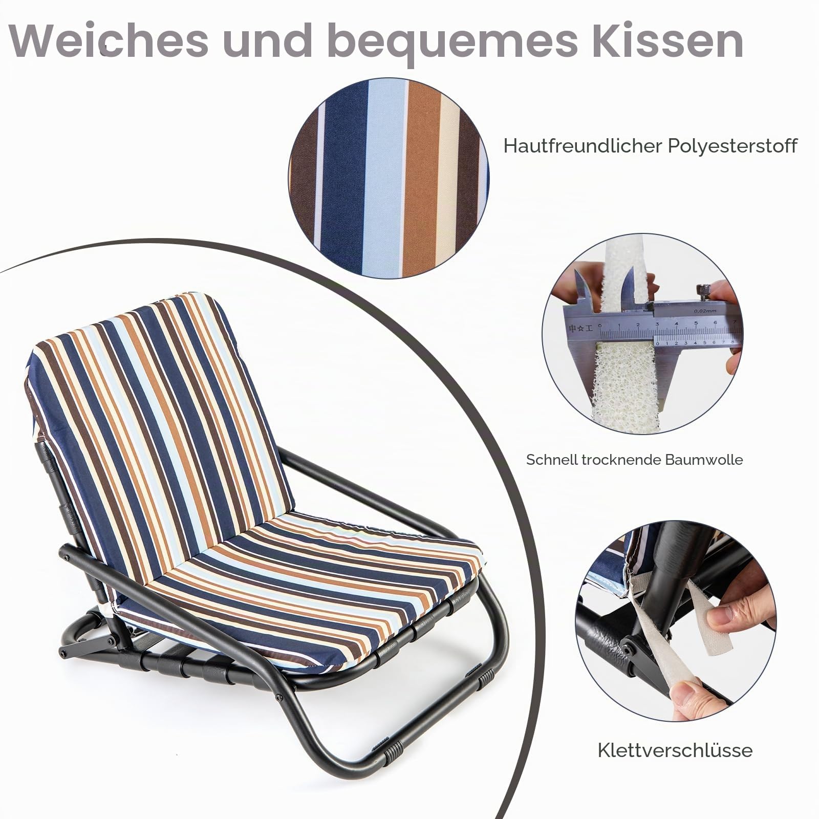 KOMFOTTEU 2er Set Strandstühle, Campingstühle faltbar mit weichem Kissen, Klappstühle mit Schultergurten, Strandkorb mit rutschfesten Füßen, für Picknick, Garten, Camping, 67 x 50 x 46 cm