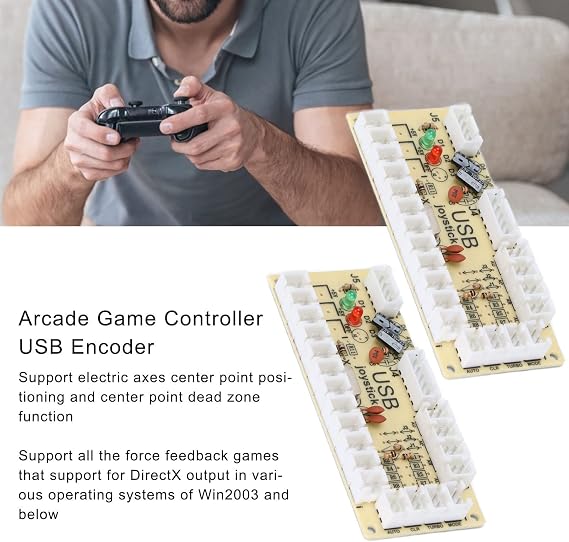 QM070913 Game Controller USB Encoder Zero Delay Module for PC for MAME for Retropie, USB PC Encoder with Wire and 5 pin Joystick Cable, Double