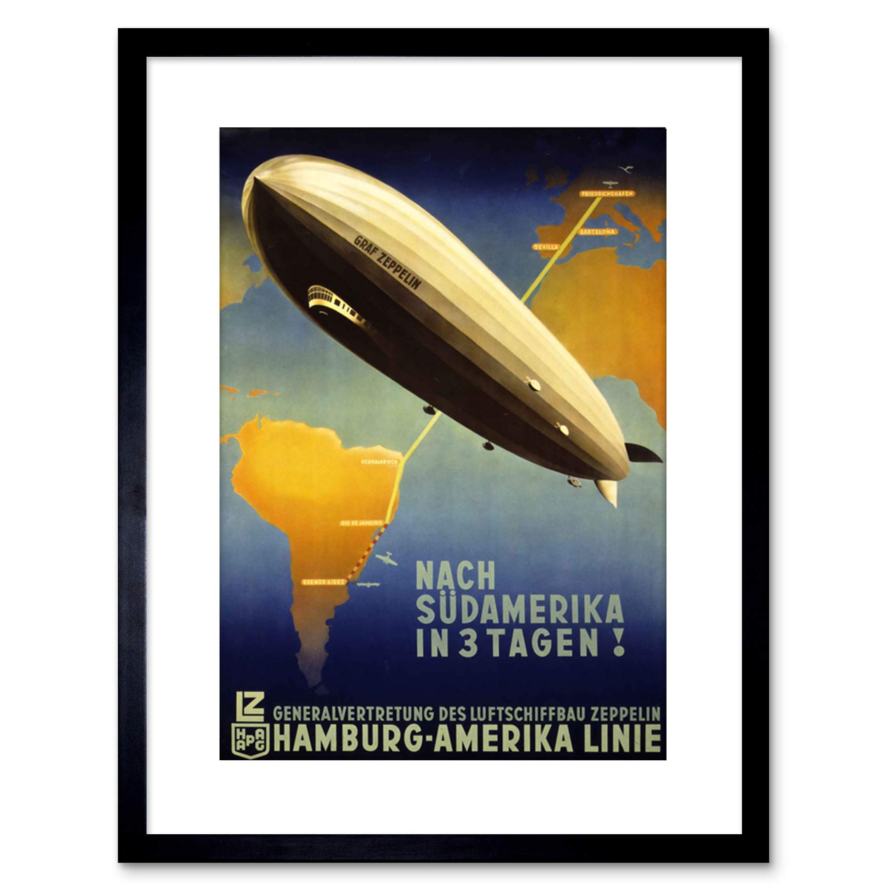Wee Blue Coo 9x7 '' TRAVEL AIRSHIP ZEPPELIN GERMANY SOUTH AMERICA FRAMED ART PRINT F97X1336