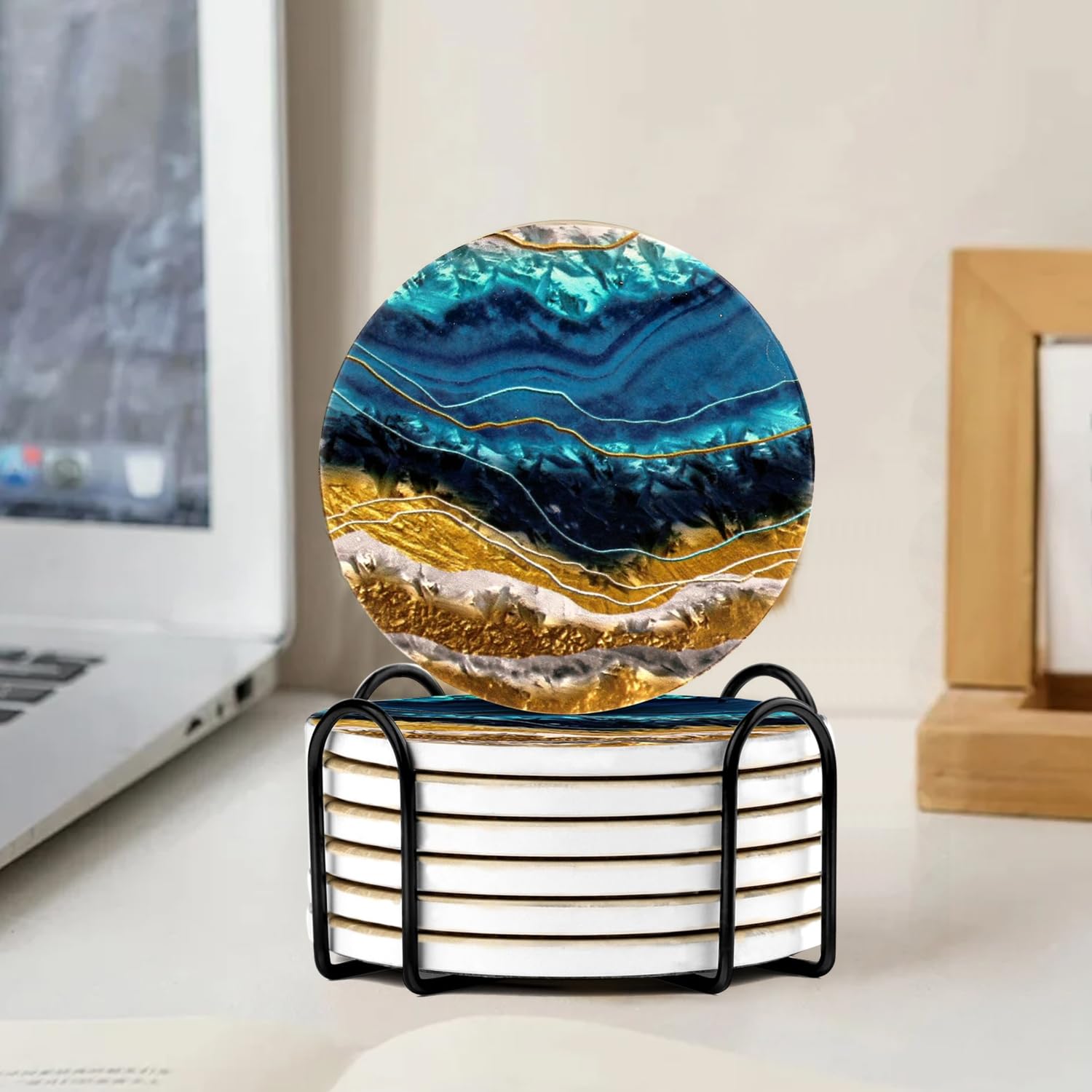 TIED RIBBONS Set of 6 Drink Coasters with Holder (Marble Print, 4inch) - Ceramic Coasters for Drinks Minimalist Home Décor Tea Coffee Cup Coaster Table Desk Tabletop Beer Bar Kitchen - Gifting Item-image-26
