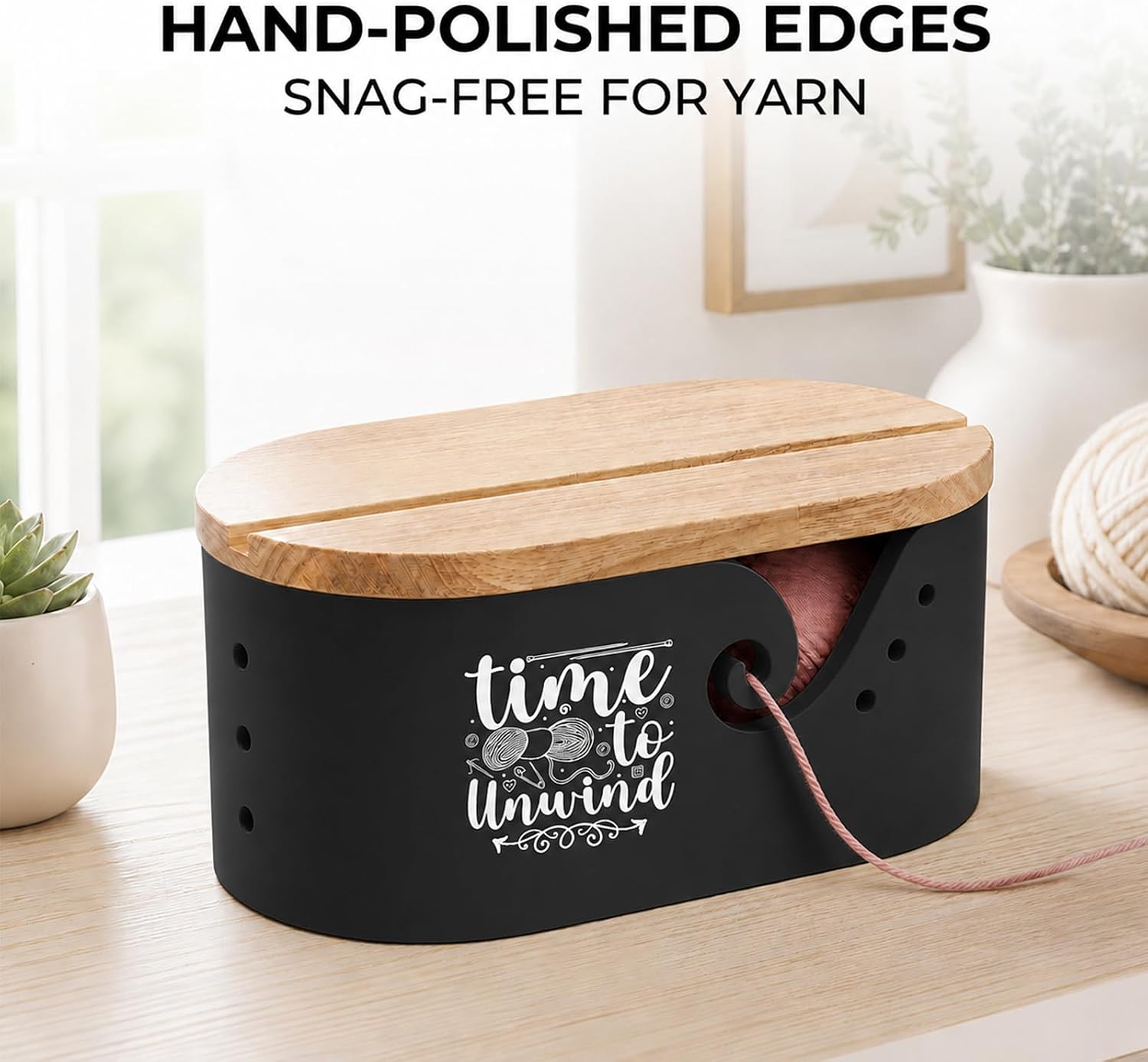Large Yarn Bowl for Crocheting - Double-Sided Quote Crochet Storage Bowl & Wooden Yarn Holder - Yarn Storage & Knitting Accessories, Unique Gifts for Crocheters and Knitters (Black) image 5
