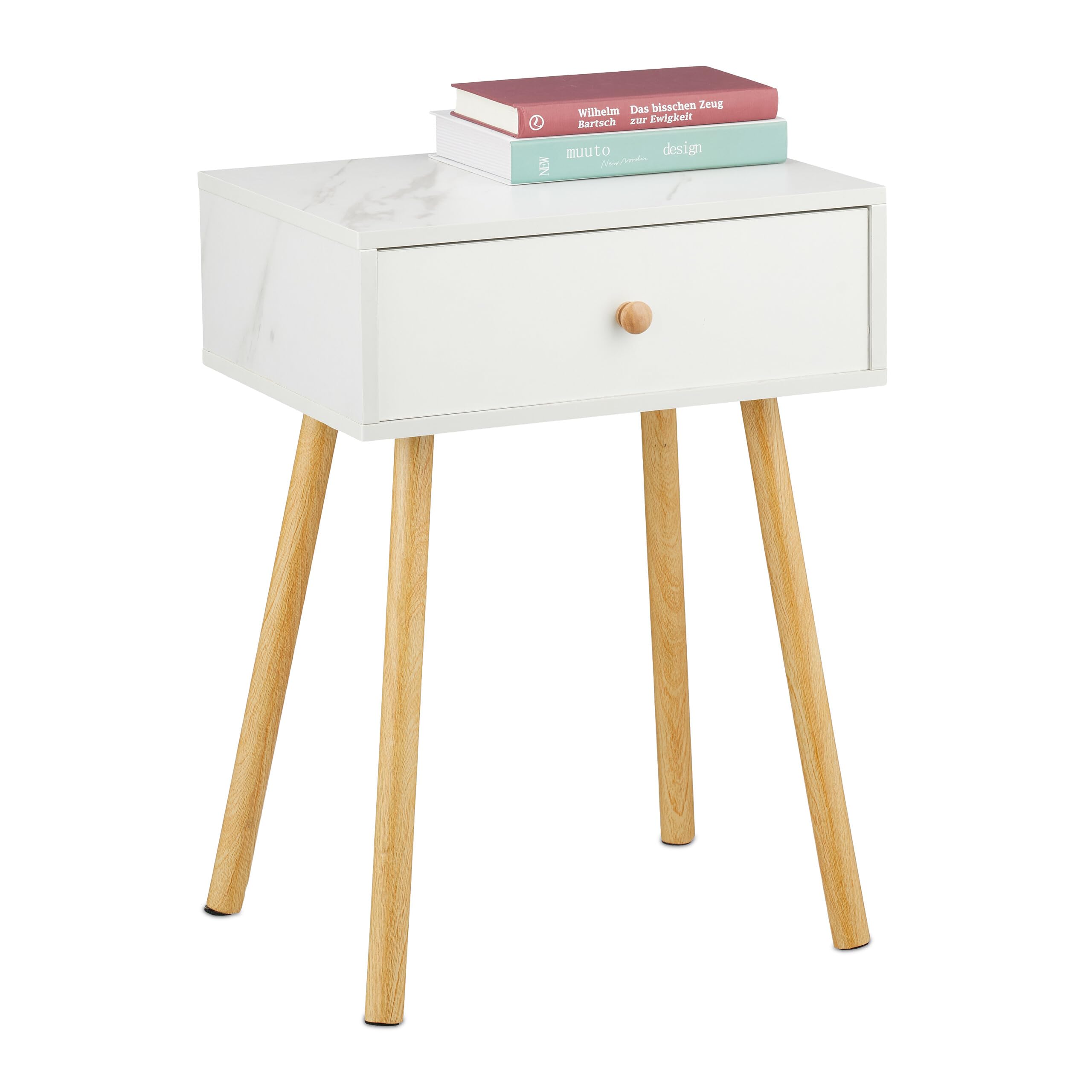 Relaxdays Bedside Table, with Drawer, Marble & Wood Look, HWD: 55 x 40 x 32 cm, Bedroom Nightstand, White/Natural