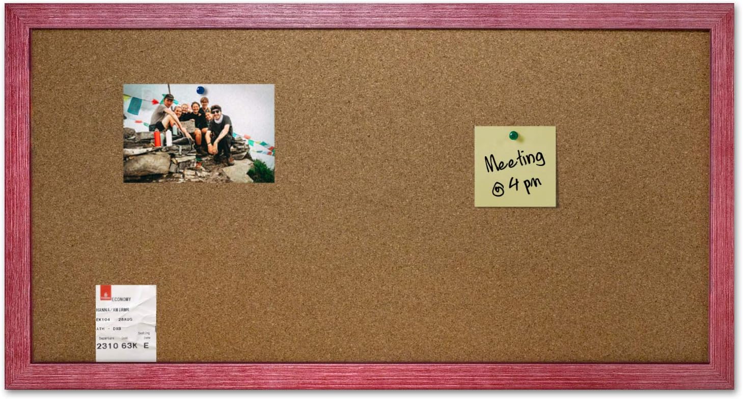 Cork Bulletin Board 24 x 12 Colorful Distressed Wood Frame for Office or Home (Red)