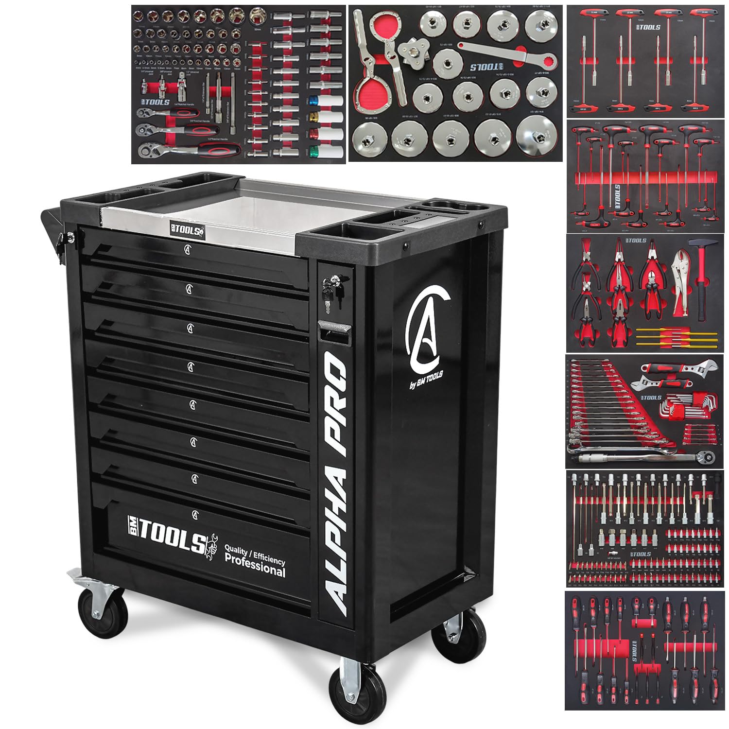 BM TOOLS Servante Atelier Alpha-Pro 9 Tiroirs 311 Outils Chariot Mécanicien 4 Roues 2 Freins Noir, Clés, Cloches à Filtres