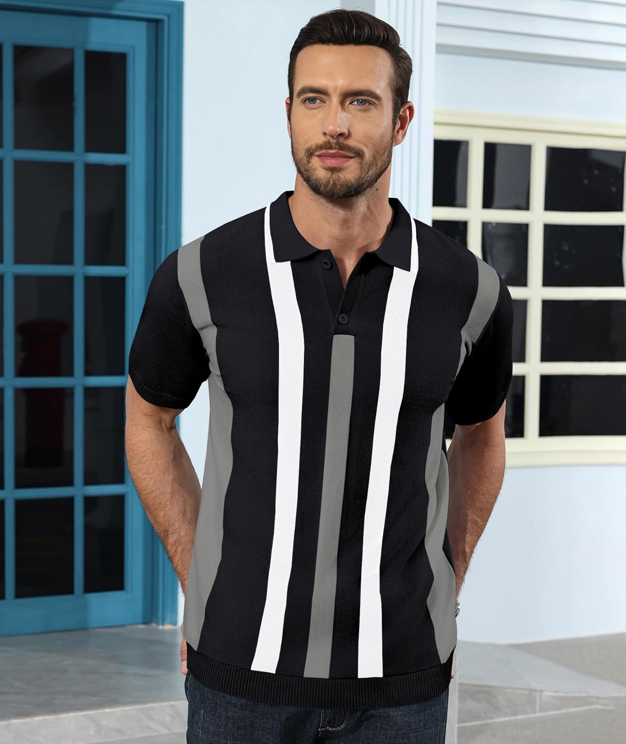 Ryehack Mens Casual Polo Shirts Knit Short Sleeve Vintage Striped Button T-Shirt Slim Fit Golf Vacation Shirt - Image 2