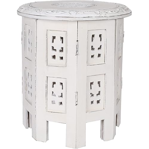 Goroly Home Hand Crafted Solid Wood Accent Table, Side Table, Entryway Table, Hand Carved Vintage Boho Folding Side Table, Unique Octagonal Wooden Table - 12 Inch Round - Antique White