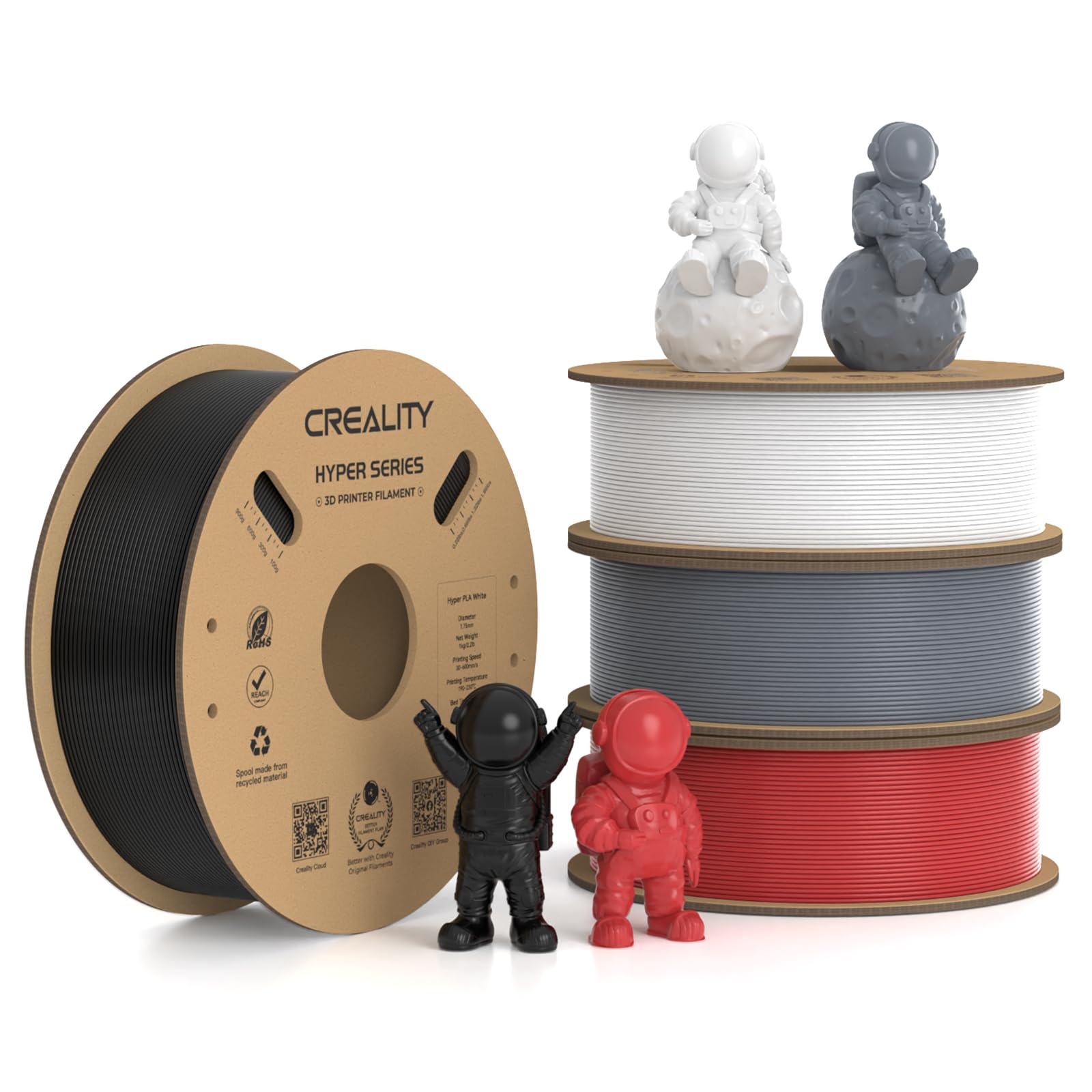 Creality Hyper PLA Filament 1.75mm, 30-600mm/s High Speed 3D Printer Filament, Dimensional Accuracy +/-0.02mm, Fit Most FDM 3D Printers, 4 Pack 1kg Spool(2.2lbs), Black & White & Grey & Red