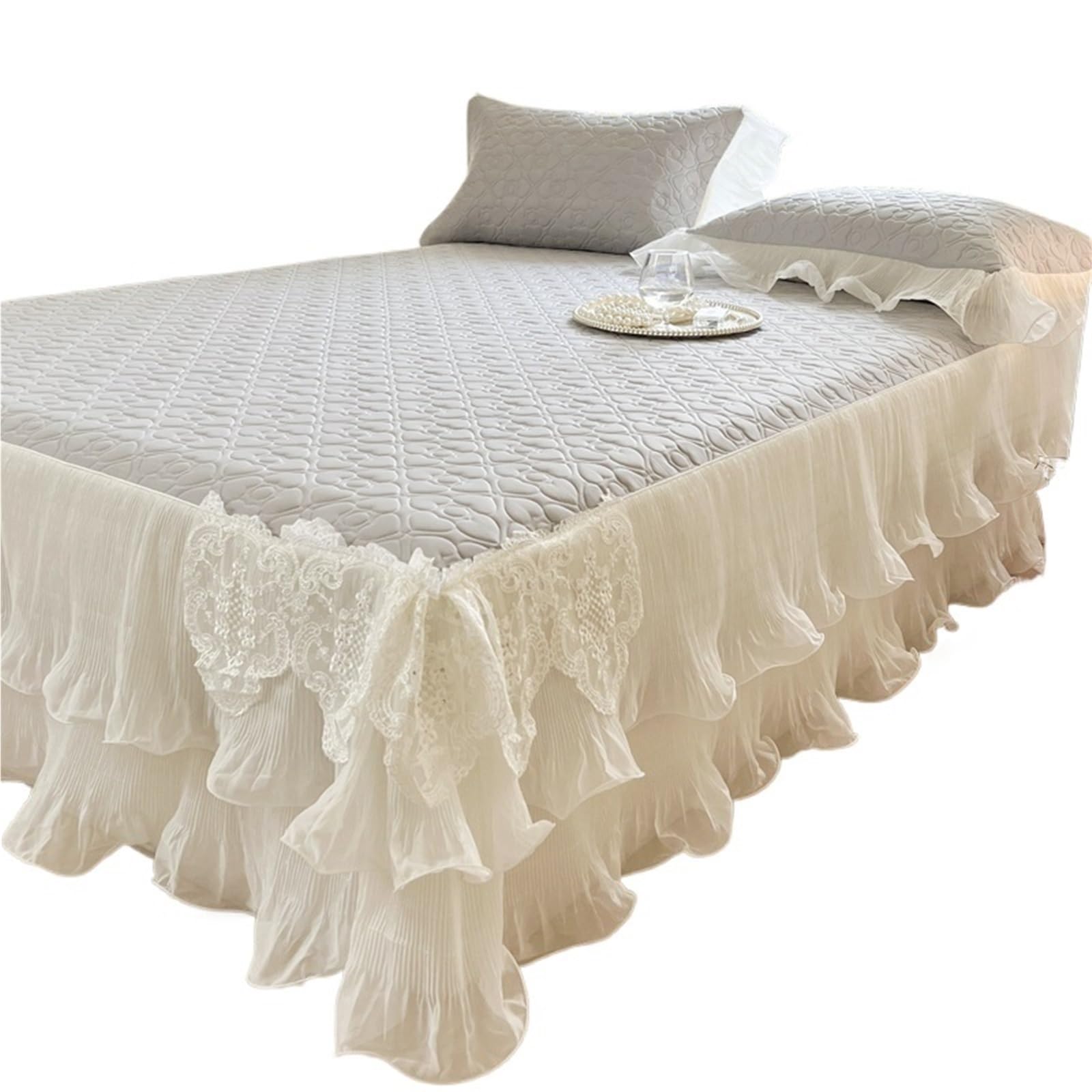 Bed Skirt Lace Ruffles Quilted Cooling Bed Skirt, Cool Feeling Fibre Mattress Cover, Bedspread, Bed Sheet, With Pillowcases, 3Pcs(Light Grey,200X220cm 3pcs)