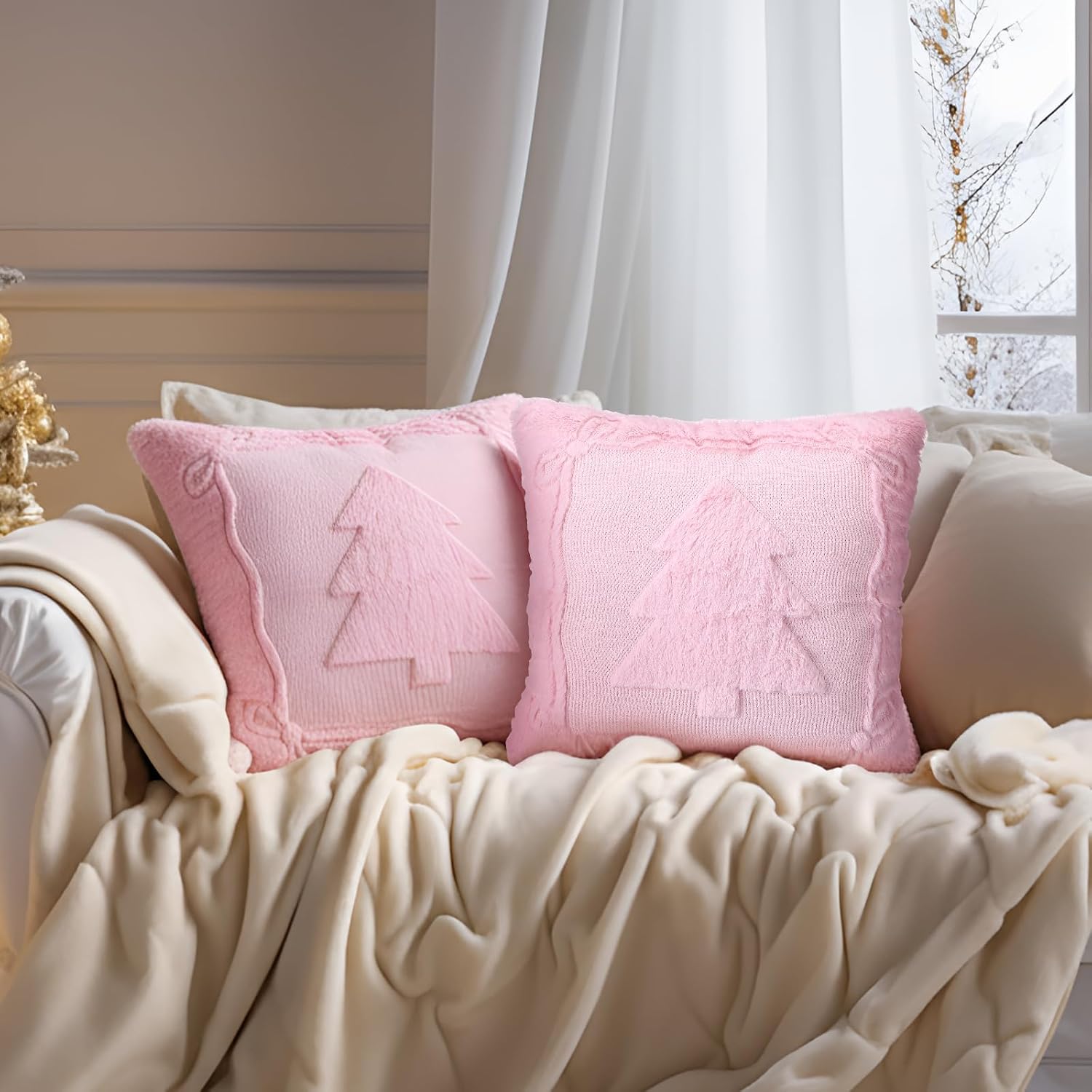 2 Pack Christmas Tree Pink Pillow Covers 18 x 18 Inch Pink Bow Throw Pillow Covers Soft Plush Faux Fur Cushion Case for Christmas Bedroom Sofa Winter Home Holiday Decor - Image 6