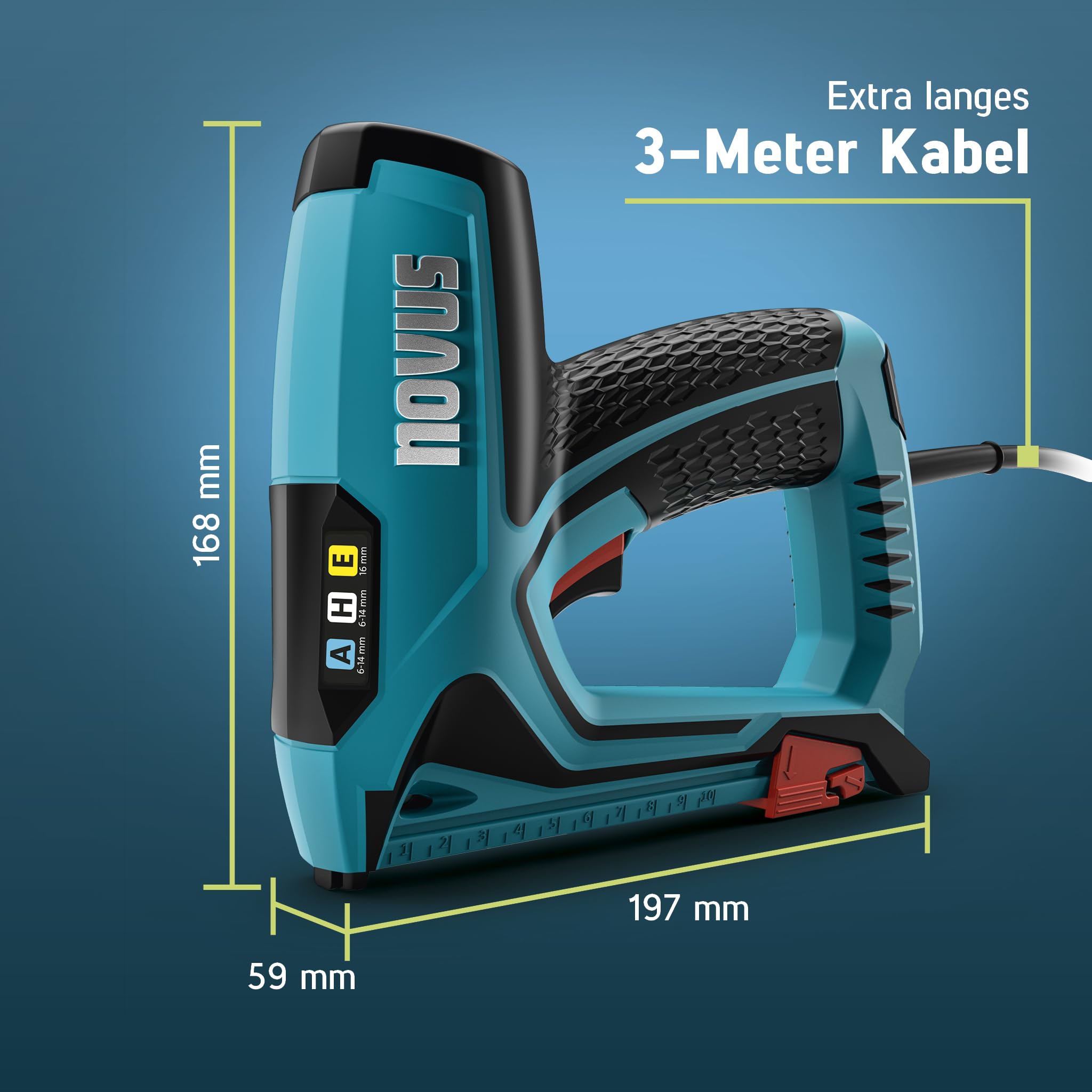 NOVUS TOOLS Elektrotacker J-150 Set mit 1800 Klammern │ Profi-Tacker und Nagelpistole mit Schlagkraftregulierung, Distanzanschlag und Unterlademechanik │ Für Feindrahtklammern 6-14 mm und Nägel 16 mm