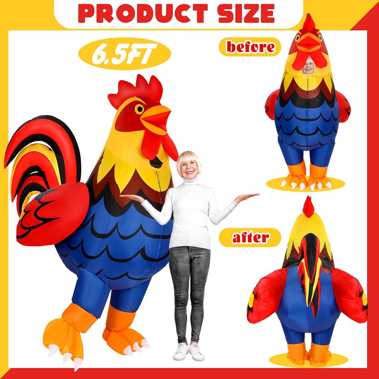 Jenaai Inflatable Chicken Costume for Adult Blow up Rooster Suit with Blowers Transparent Window Design Funny Halloween Cosplay Costume for Men Women Birthday Christmas Party - Image 2