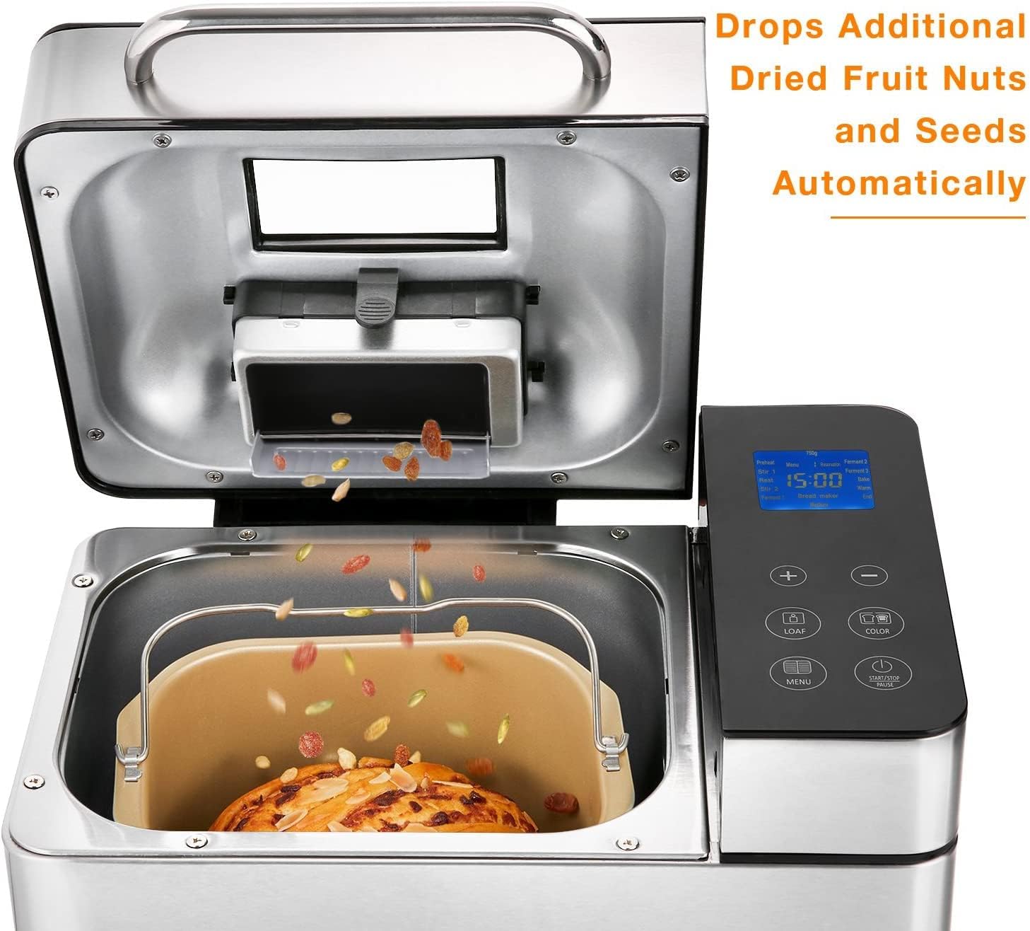 Macchina per il pane in acciaio inox, 19 programmi di cottura completamente automatica per 500 g, 750 g, 1000 g, timer di ritardo 15 ore con finestra con funzione di mantenimento del calore 710 W Macchina per il pane in acciaio inox, 19 programmi di cottura completamente automatica per 500 g, 750 g, 1000 g, timer di ritardo 15 ore con finestra con funzione di mantenimento del calore 710 W