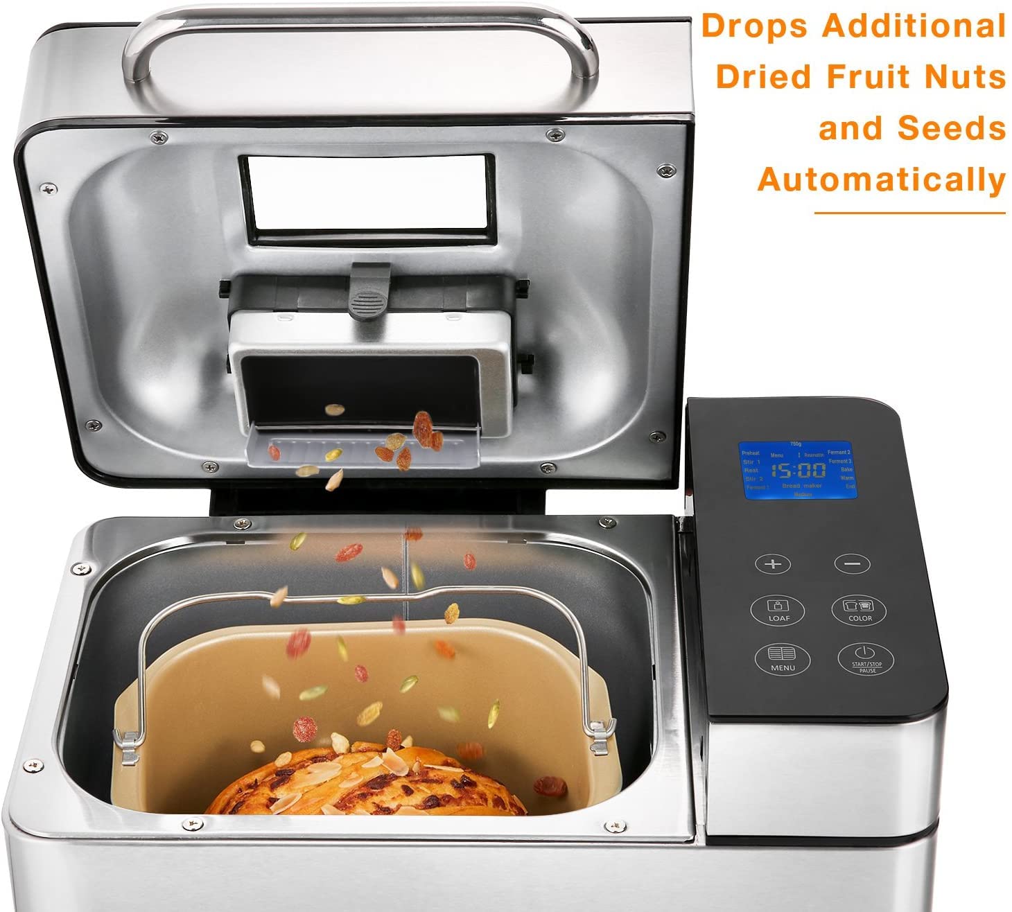 Macchina per il pane in acciaio inox, 19 programmi di cottura completamente automatica per 500 g, 750 g, 1000 g, timer di ritardo 15 ore con finestra con funzione di mantenimento del calore 710 W