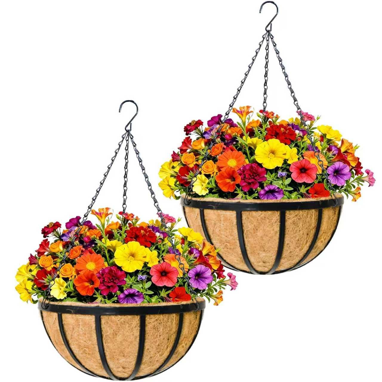 Confezione da 2 cesti rotondi da 30,5 cm, in metallo, per piante da esterno, resistenti, grandi, da appendere, con supporto rotondo in fibra di cocco, per decorazione esterna del giardino