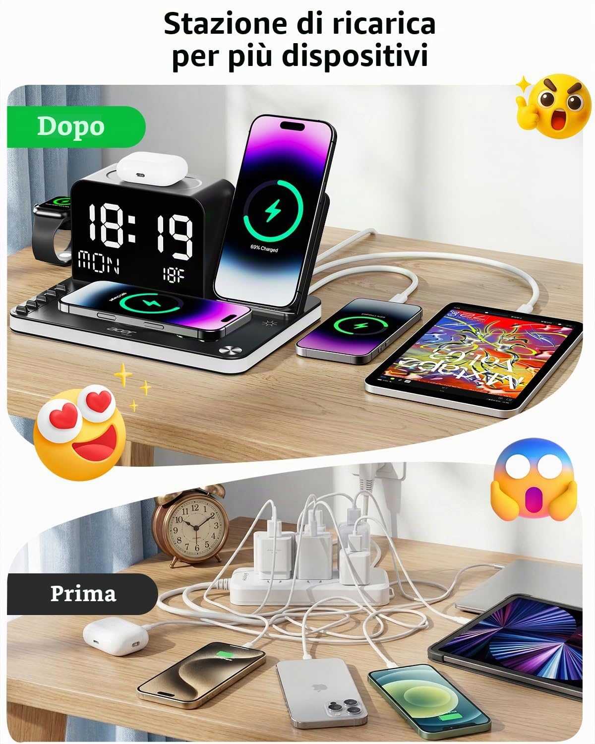 acer Stazione di ricarica wireless 7 in 1 con luce notturna a luminosità regolabile, compatibile con iPhone 16/15/14/13/12 tutte le serie, telefoni Android, AirPods e iWatch, caricabatterie rapido con