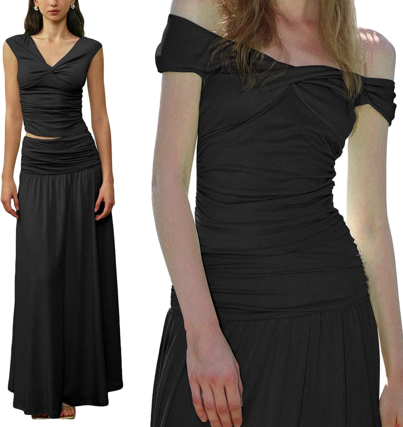 2 Piece Skirt Sets for Women - Two Pc Off The Shoulder Twist V Neck Tank Crop Top Ruched Waist Maxi Skirts Set