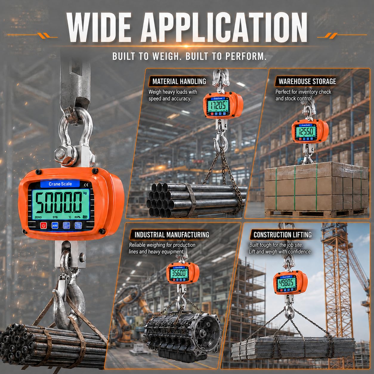 Báscula de grúa de 5000 kg, Báscula de Grúa Electrónica 5T,Colgante Industrial con sensor preciso, pantalla LCD grande y control remoto, temperatura y humedad para Agricultura e industria