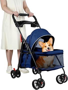 Folding Pet Stroller for Small Dogs & Cats, Lightweight with Cup Holder, Breathable Mesh & 360° Shock Absorbing Wheels, Space-Saving, 7.5kg Capacity for Travel & Outdoor Walks Blue