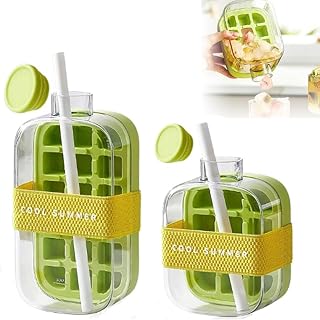2-in-1 Cool Summer Ice Bottle Cup with Ice Tray with Lid and Straw- Portable and Touch Free Food-Grade Ice Cube Bottle & Water Bottle Ice MOL, 2 Pcs(Green)
