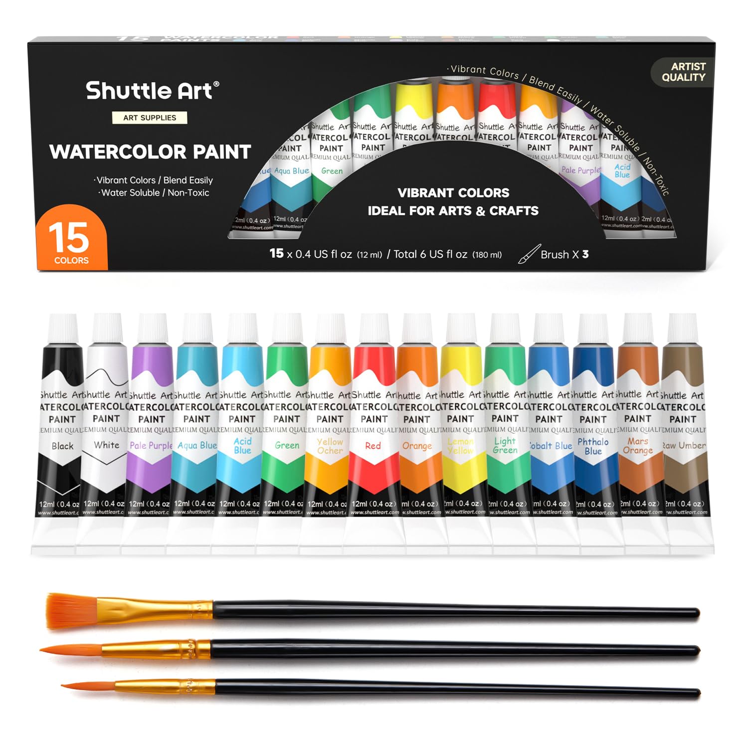 Amazon | Shuttle Art 水彩絵の具 15色セット ブラシ3本付き 透明水彩