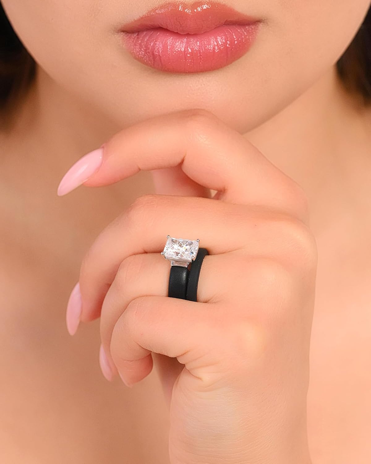 Rinfit Silicone Ring with Stone and Thin Band Set - Emerald Cut Cubic Zirconia Engagement Ring for Women - Rubber Wedding Band - Patented Design