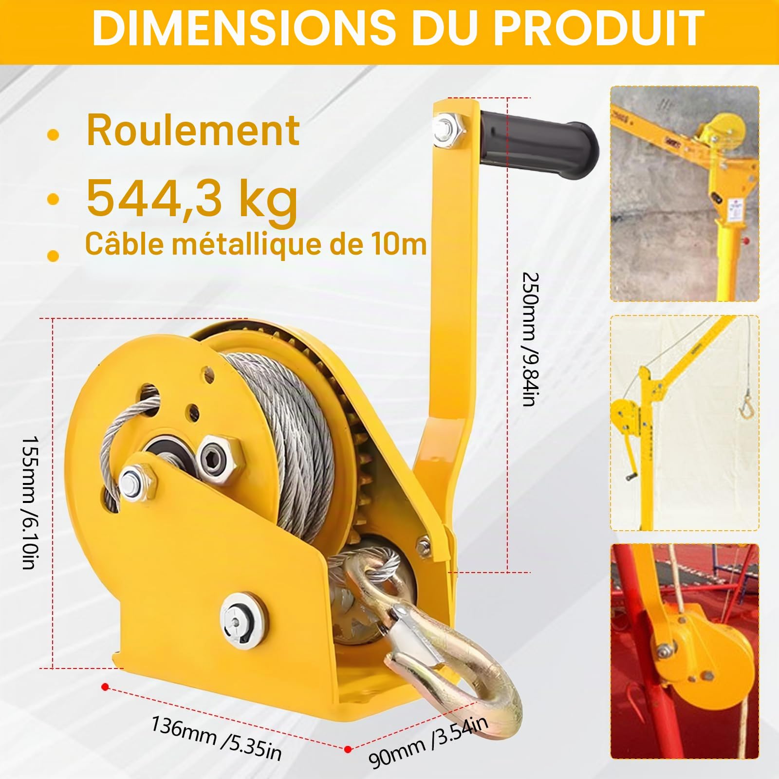 Treuil Manuel, 1200 Lbs (545 Kg) Avec CâBle En Acier 10 M Avec Frein Et Crochet Treuil Forestier Et De Bateau Pour Traction Horizontale 545 Kg Et Levage Vertical 150 Kg Pour Le Levage Et Le Relevage