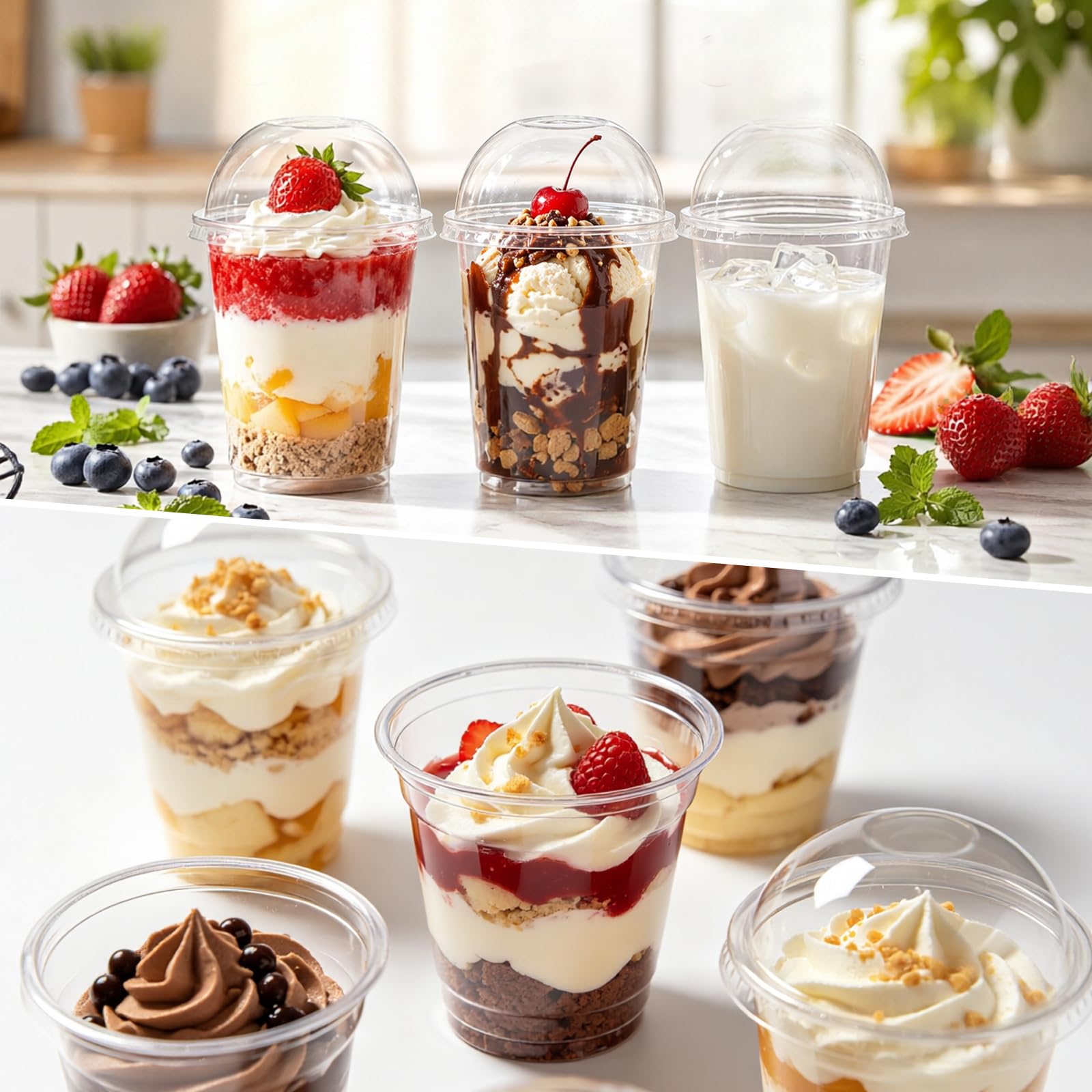 Bicchieri da dessert in plastica, 50 pezzi, 260 ml, in plastica, con 50 pezzi con coperchio a cupola, riutilizzabili in plastica, per gelato, budino, mousse