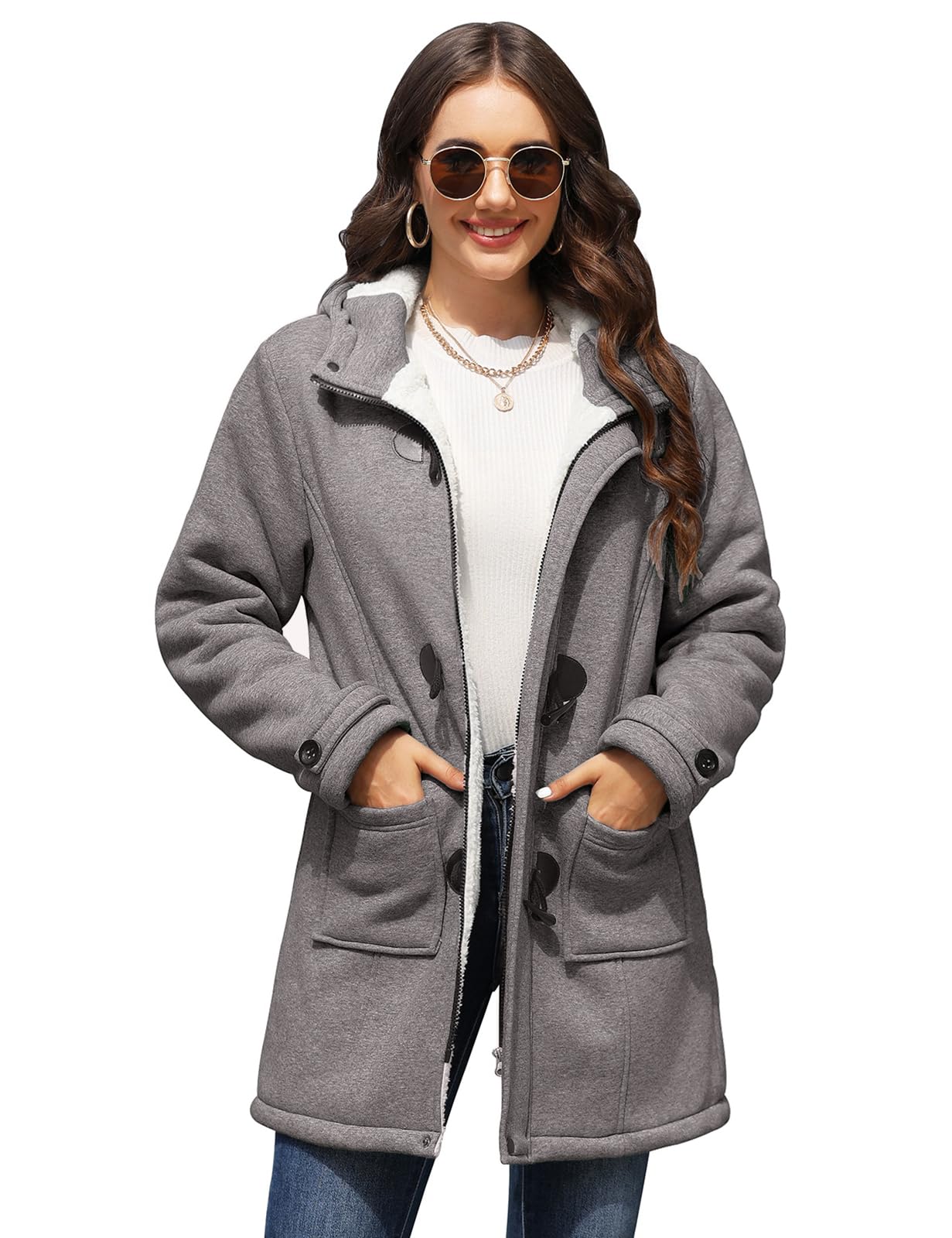 Vancavoo Largo Sudadera con Capucha para Mujer Abrigos con Botones Chaqueta de Lana Alpaca Slim Color sólido Casual Sudaderas con Cremallera Outwear Hoodie de Otoño Invierno