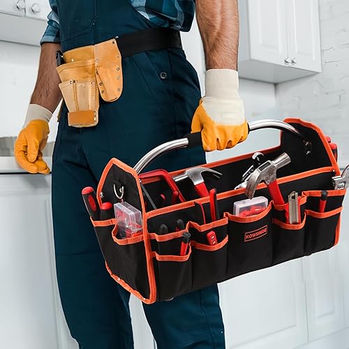 Miniatura 5 de Bolsa de herramientas de 18 pulgadas, bolsa de herramientas para electricista, bolsas de herramientas con parte superior abierta, 26 bolsillos que