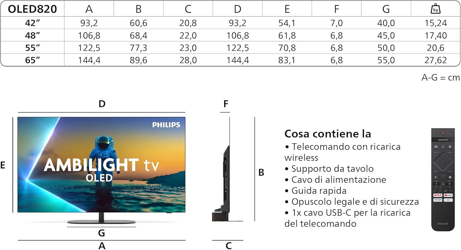 Philips OLED820 TV dimensions and included accessories