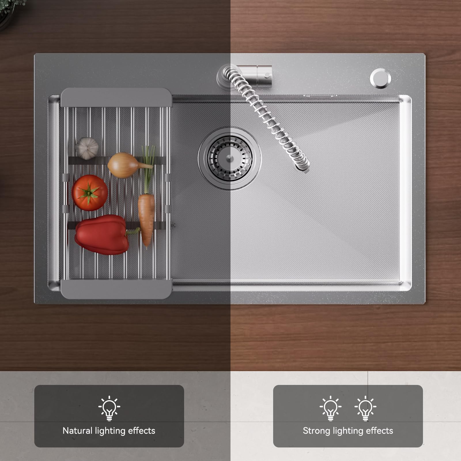 CECIPA 70×45cm Fregadero Sobre Encimera Con Cesta de Drenaje, Grande Cocina 1 Seno Para Armarios de 70cm o Más, Multifuncional de Acero Inox Con Sifón, Rebosadero y Residuos