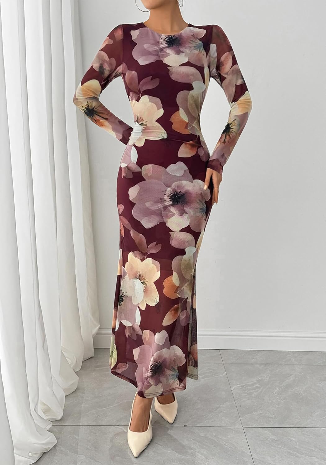 BTFBM Wedding Guest Dresses for Women Spring Fashion 2026 Bodycon Crew Neck Long Sleeve Boho Mesh Floral Maxi Fall Dress - Image 2