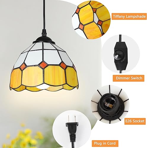 Miniatura 5 de HuisMier Tiffany - Lámpara colgante enchufable, mini luz colgante regulable con cable de enchufe e interruptor de atenuación de encendido, lámpara