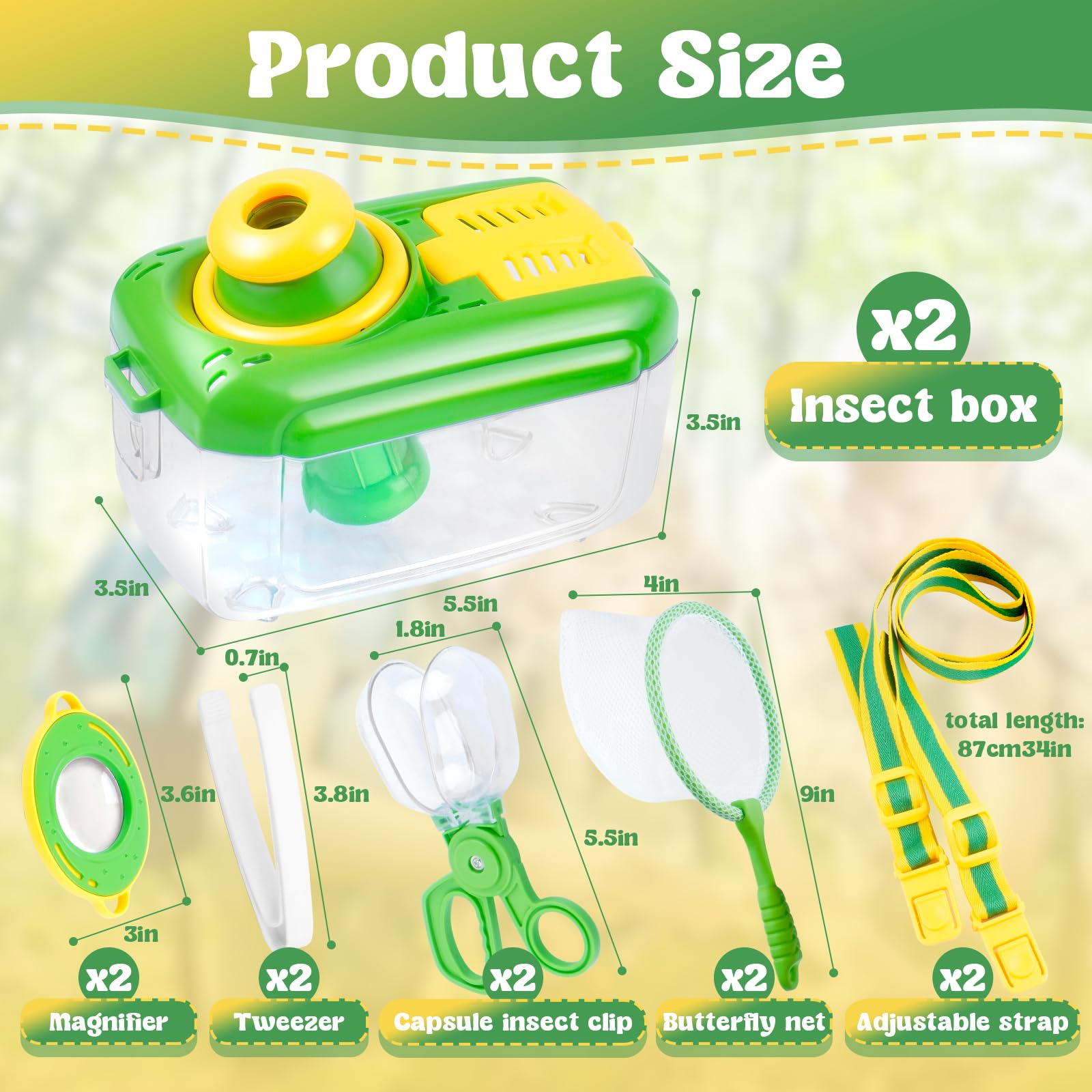 JYNTERPLAY 2Pack Bug Catcher for Kids Insect Catching Kit 360° Rotating Viewing Angle with Butterfly Net Tweezer Magnifying Glass Clamp Outdoor Explorer Activities for Age 3-5 5-8 8-12