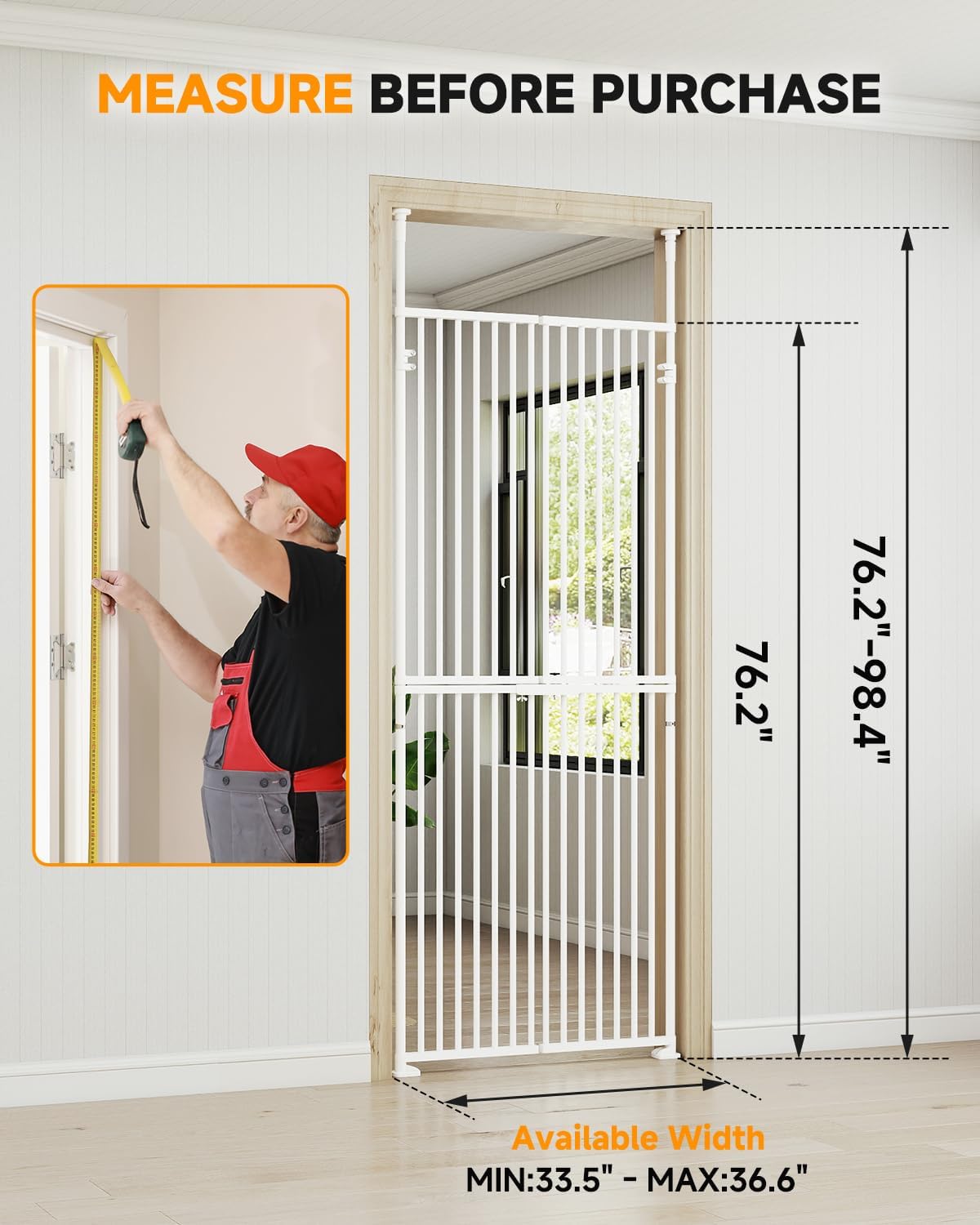 DoCred Extra Tall Cat Gates for Doorways,76" H-96.5" H Adjustable Cat Gate No Climb, Pet Gate for Doorway/Hallway/Stairs, No Drilling Required, Easy Lock & Escape Proof, 33.5" - 35.9" Wide
